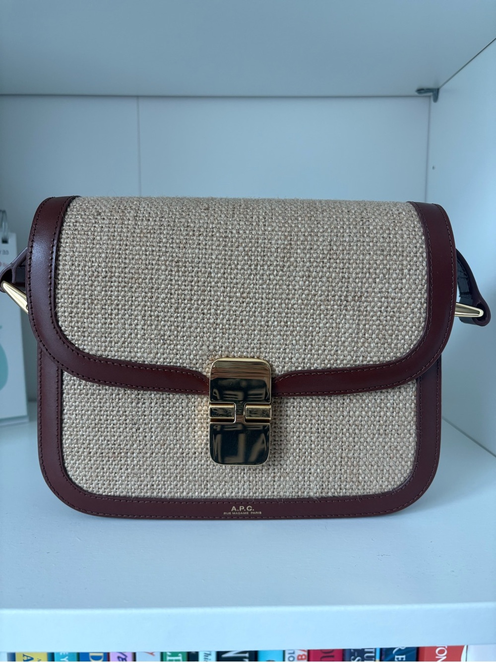 A.P.C. Grace Jute Crossbody with Brown Leather Trim and Gold Hardware